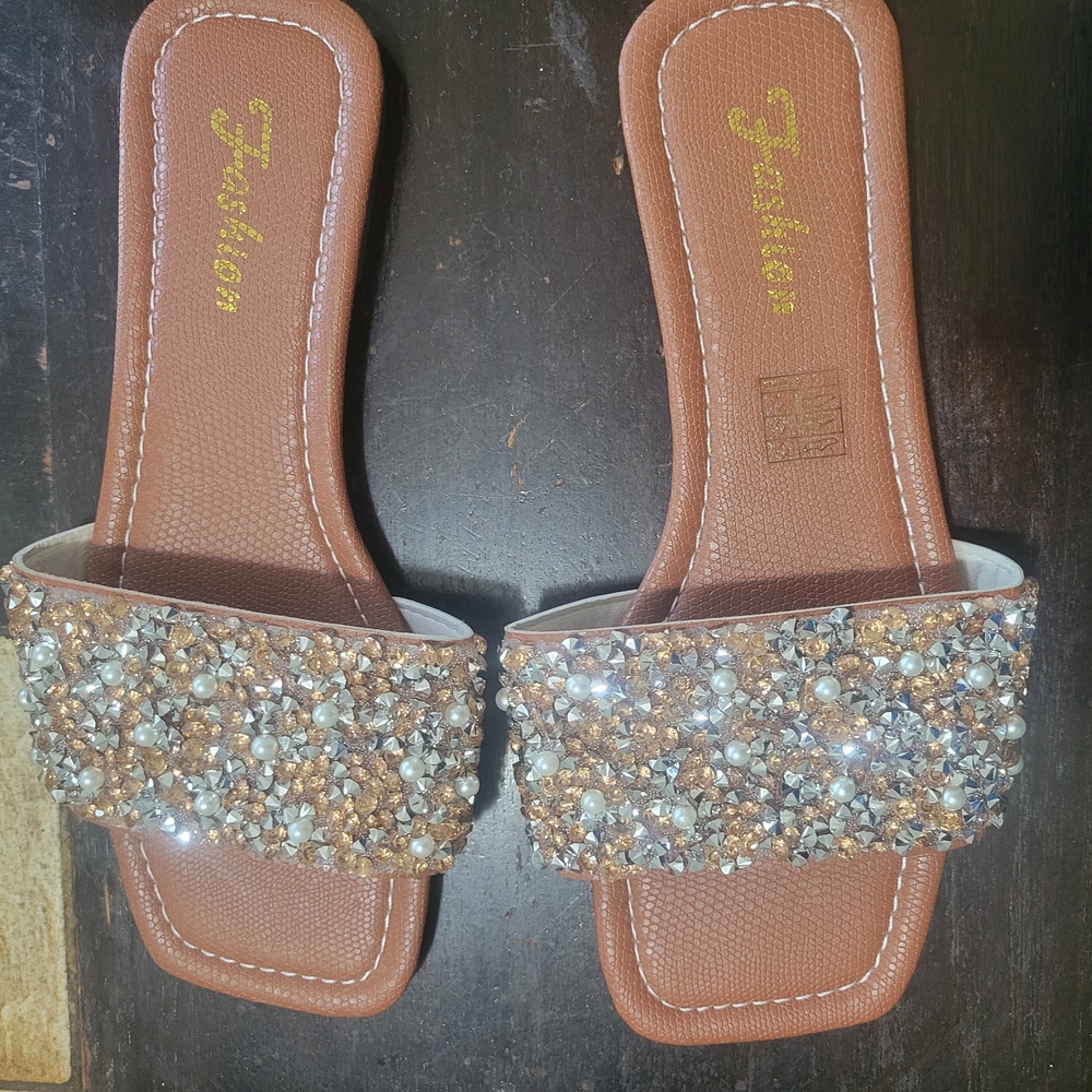Women's Brown and Gold Embellished Sandals